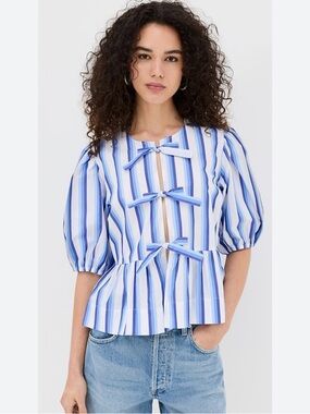 Ganni White and Blue Striped Tie-Front Peplum Top